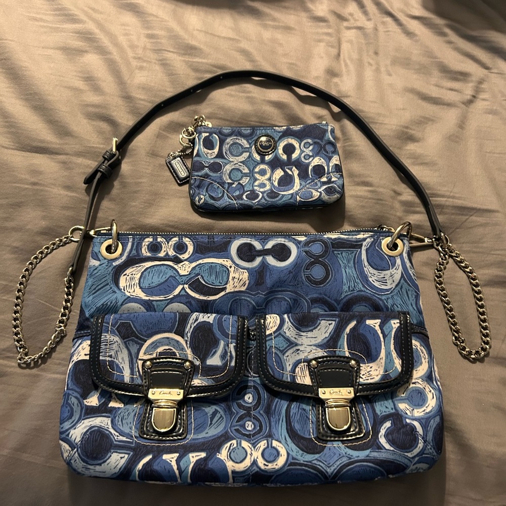 Coach Blue Signature Print Shoulder Bag with Matching Wristlet